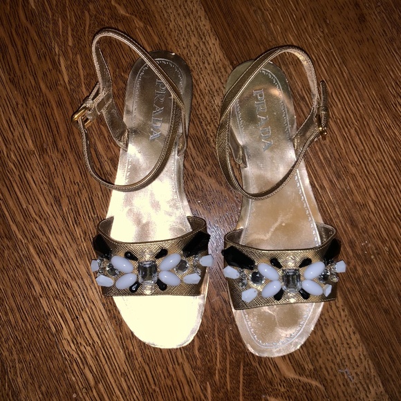 Prada Gold Leather Crystal Embellished Sandals - Picture 3 of 14